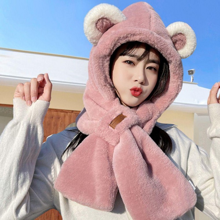 Cute hat fur muffler scarf winter teddy bear neck warmer