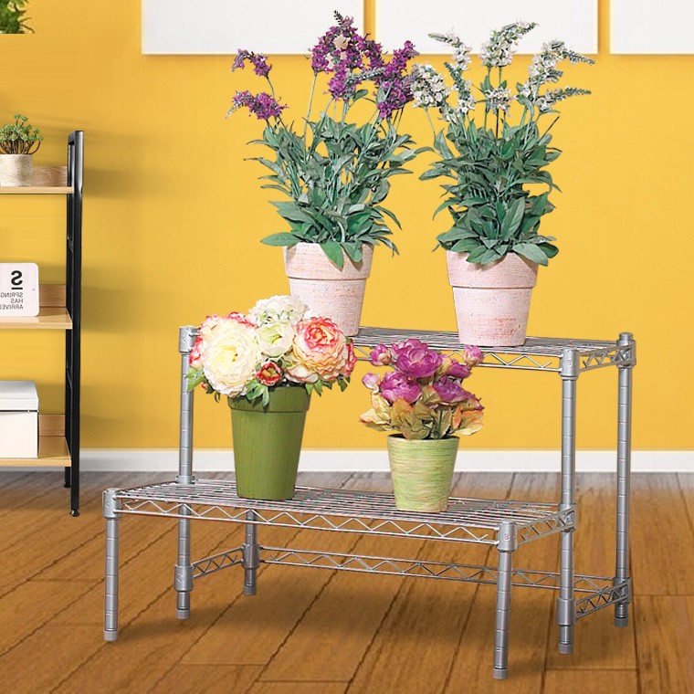 Silver Metal Flower Pot 2 Tier Shelf Organizer Stand Display Rack Iron